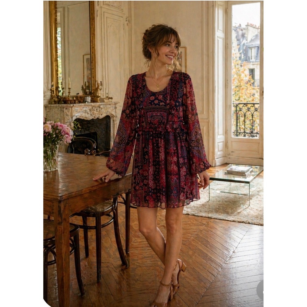 BCBGeneration Marine Mult Patchwork Ruffle Mini Dress NWT Sz Med Boho Cottage
